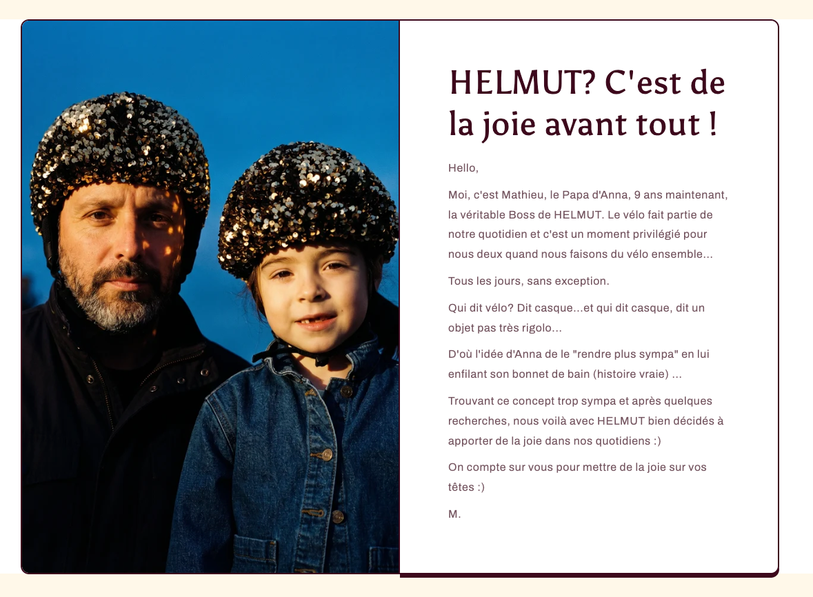 Mathieu et Anna portant des couvre-casques HELMUT à paillettes